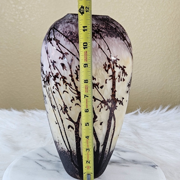 Acid Etched Cut Vase 12” Tall Trees Cameo Glass Amethyst Beige Art Nouveau Style - Picture 5 of 6